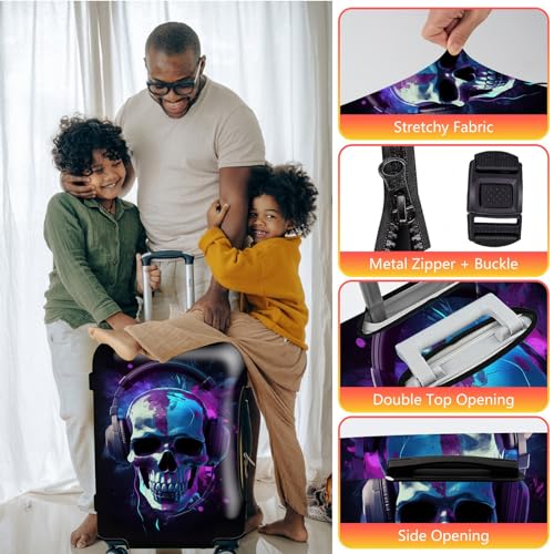 JANENFNA Luggage Cover Luggage Tag Skull in Headphones Washable Elastic Travel Suitcase Protector With Concealed Zipper for Men Women Teens Boys Girls L 2628 Inch Suitcase - Image 3