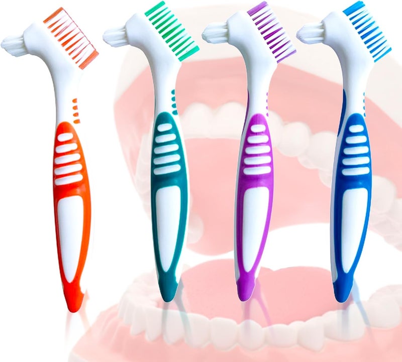 فرشاة أسنان اصطناعية، 4 قطع فرشاة أسنان اصطناعية، فرشاة تنظيف أطقم الأسنان للأجهزة السنية، واقي الفم، الأسنان الزائفة، مقبض غير قابل للانزلاق لفرشاة تنظيف الأجهزة السنية (4 ألوان، 4 قطع) - Image 1