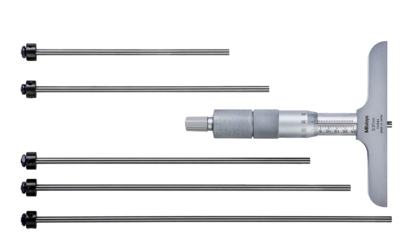 Mitutoyo 129-112 Vernier Depth Gauge, Interchangeable Rods, Micrometer Type, 0-150mm Range, 0.001mm Graduation, +/-0.0040mm Accuracy, 63.5mm x 16mm Base, 6 Rods - Image 3
