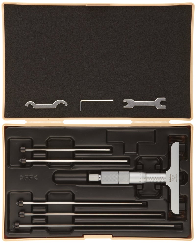 Mitutoyo 129-112 Vernier Depth Gauge, Interchangeable Rods, Micrometer Type, 0-150mm Range, 0.001mm Graduation, +/-0.0040mm Accuracy, 63.5mm x 16mm Base, 6 Rods - Image 2