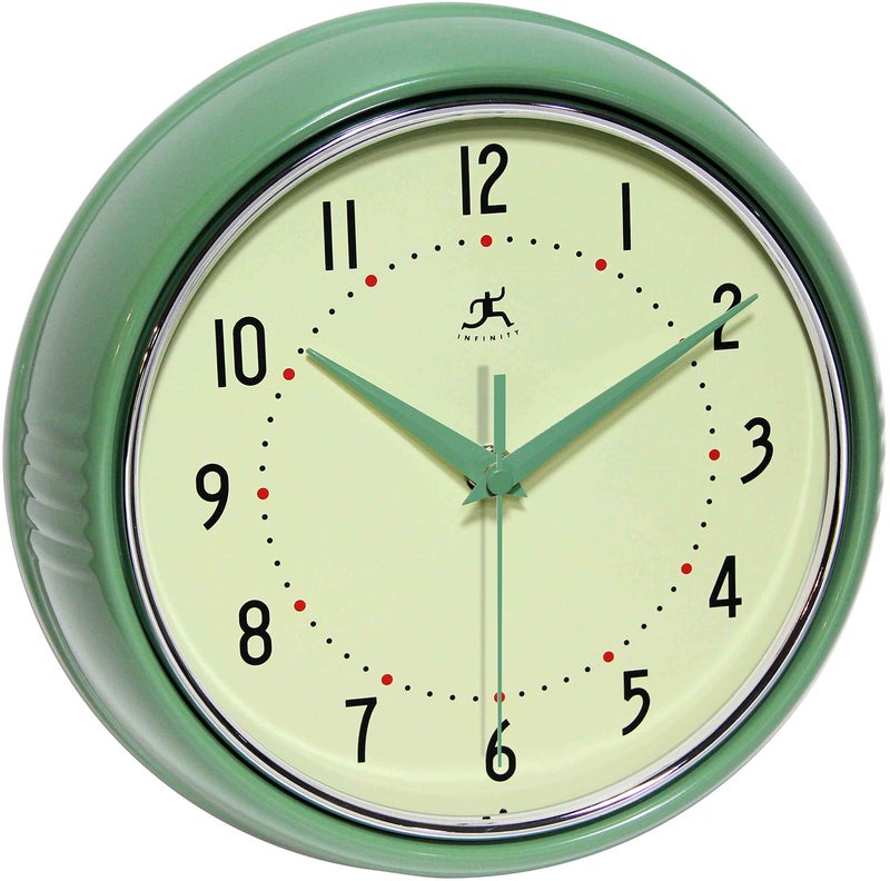 Infinity Instruments LTD Retro 9 inch Silent Sweep NonTicking Mid Century Modern Kitchen Diner Wall Clock Quartz Movement Retro Wall Clock Decorative Green