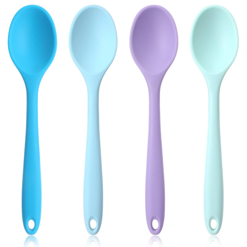 Sliverdew 4 Pieces Small Silicone Spoons Multicolored Nonstick Kitchen Spoons Silicone Mixing Spoon for Cooking Heat Resistant Tea Spoon for Kitchen Cooking Baking Serving (Blue Light Blue Purple Cyan) - Image 1