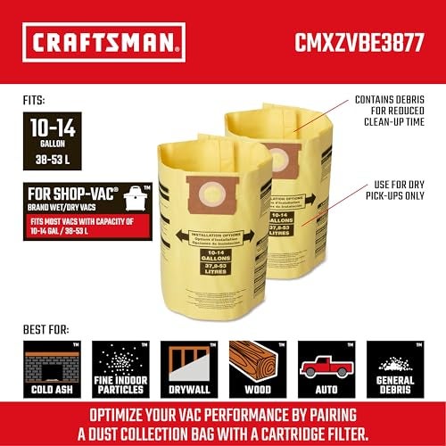 CRAFTSMAN CMXZVBE3877 Fine Dust Wet Dry Vac Dust Collection Bags for Most 10 to 14 Gallon Shop Vacuums, Collects Dry Fine Debris, Reduces Cleanup Time, 2-Pack - Image 2