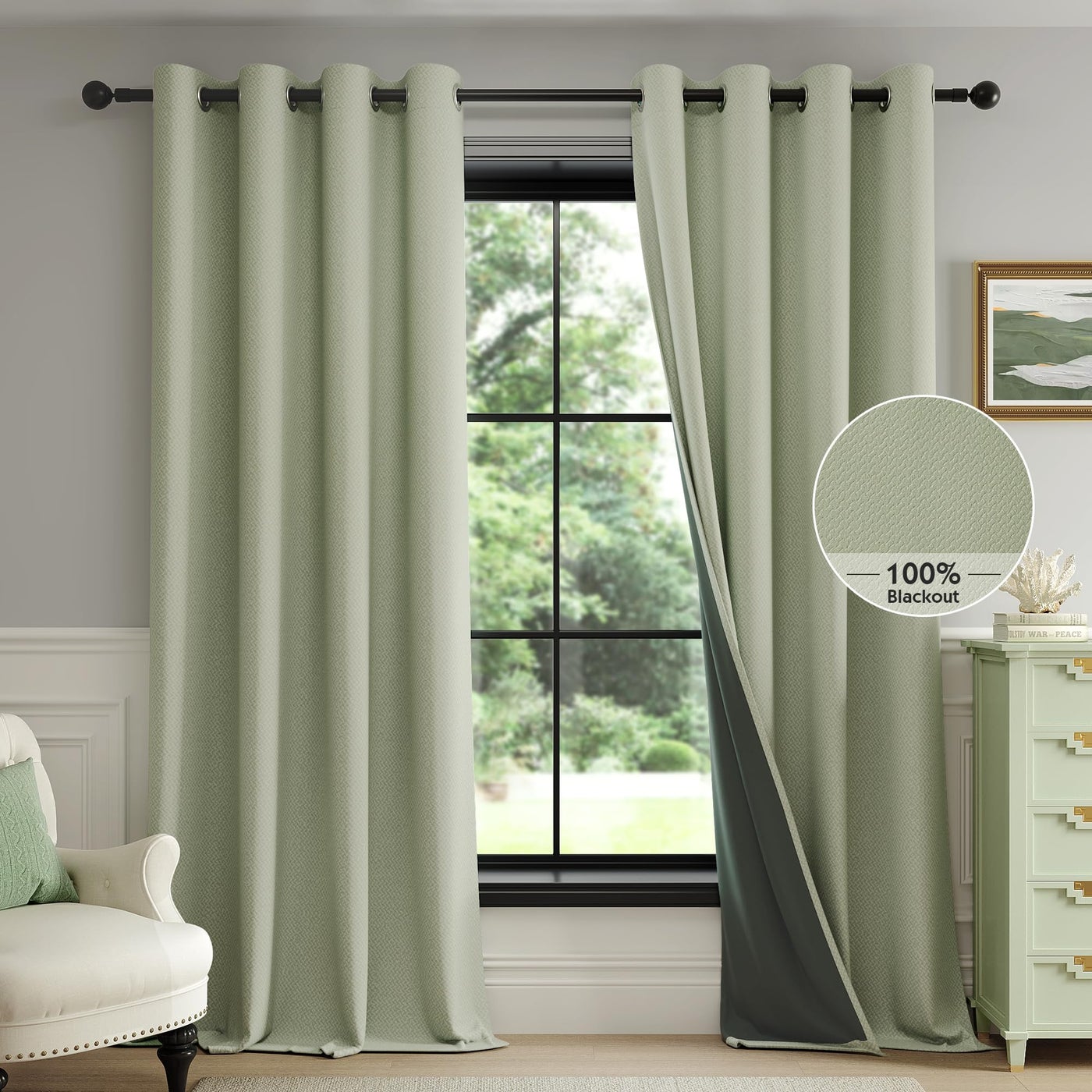 FMFUNCTEX 100% Blackout Curtains for Bedroom, Sage Green Patterned Curtains 72 Inches Long Linen Textured Thermal Insulated Curtain for Living Room, Black Out Drapery Grommet Room Darkening 2 Panels