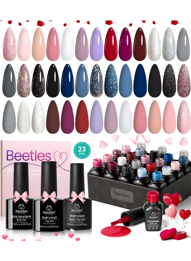 beetles Gel Polish Beetles 23Pcs Gel Nail Polish Set with 3Pcs Base Matte Glossy Top Coat, Nude Gray Pink Blue Burgundy Glitter Gel Polish Kit Modern Muse Kit, Soak off Uv Gel for Women 
