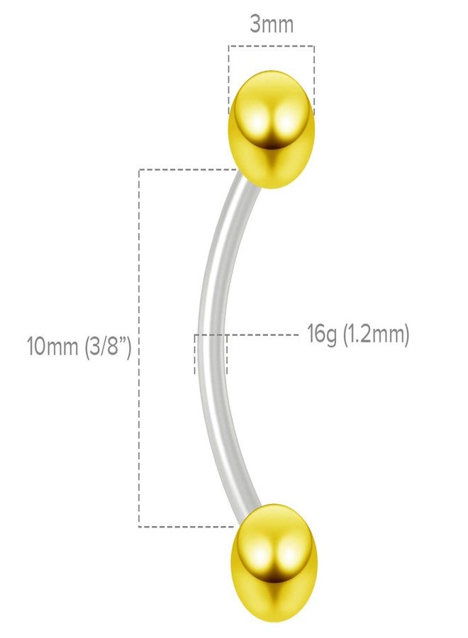 Bling Piercing 2pc 16g Flexible Bioflex Curved Barbell 3mm Anodized Gold Ball 10mm Bioplast J-Curve Bent Banana Bar - Image 2