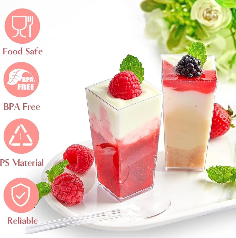 TOFLEN 100 Pack 3 oz Square Mini Dessert Cups with Spoons Clear Plastic Dessert Shooter Cups for for Party Yogurt Parfait Cheesecake Pudding Jello and Appetizers - Image 4
