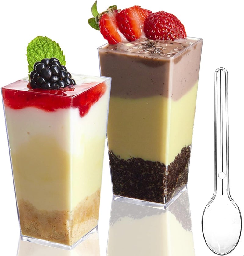 TOFLEN 100 Pack 3 oz Square Mini Dessert Cups with Spoons Clear Plastic Dessert Shooter Cups for for Party Yogurt Parfait Cheesecake Pudding Jello and Appetizers - Image 1