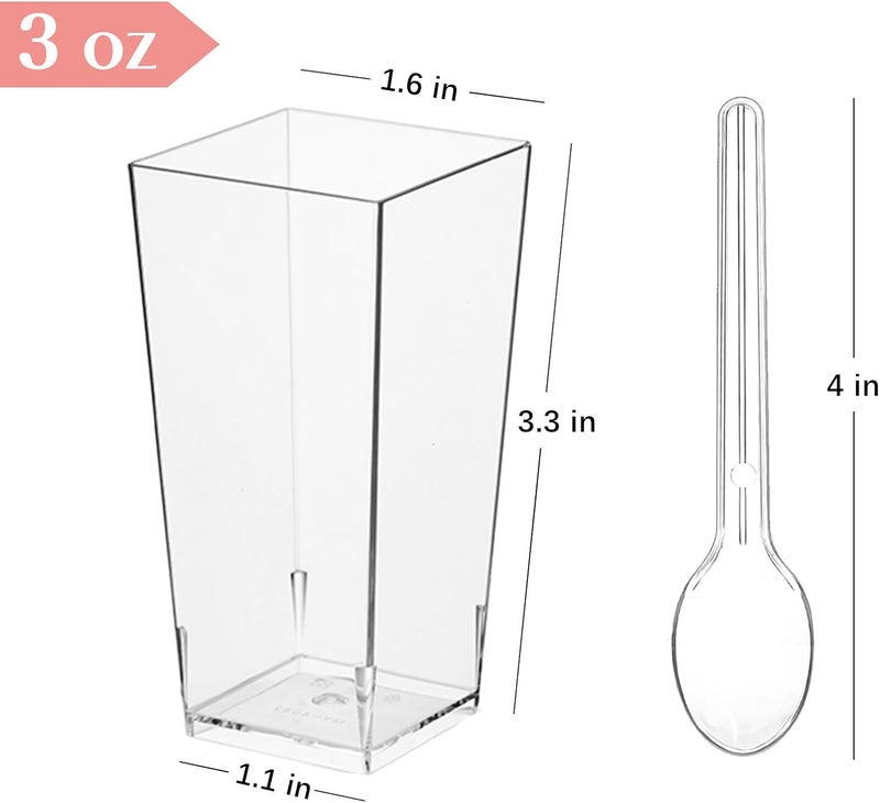 TOFLEN 100 Pack 3 oz Square Mini Dessert Cups with Spoons Clear Plastic Dessert Shooter Cups for for Party Yogurt Parfait Cheesecake Pudding Jello and Appetizers - Image 2