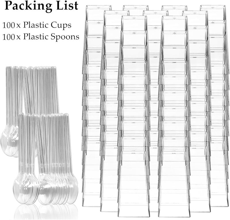 TOFLEN 100 Pack 3 oz Square Mini Dessert Cups with Spoons Clear Plastic Dessert Shooter Cups for for Party Yogurt Parfait Cheesecake Pudding Jello and Appetizers - Image 3