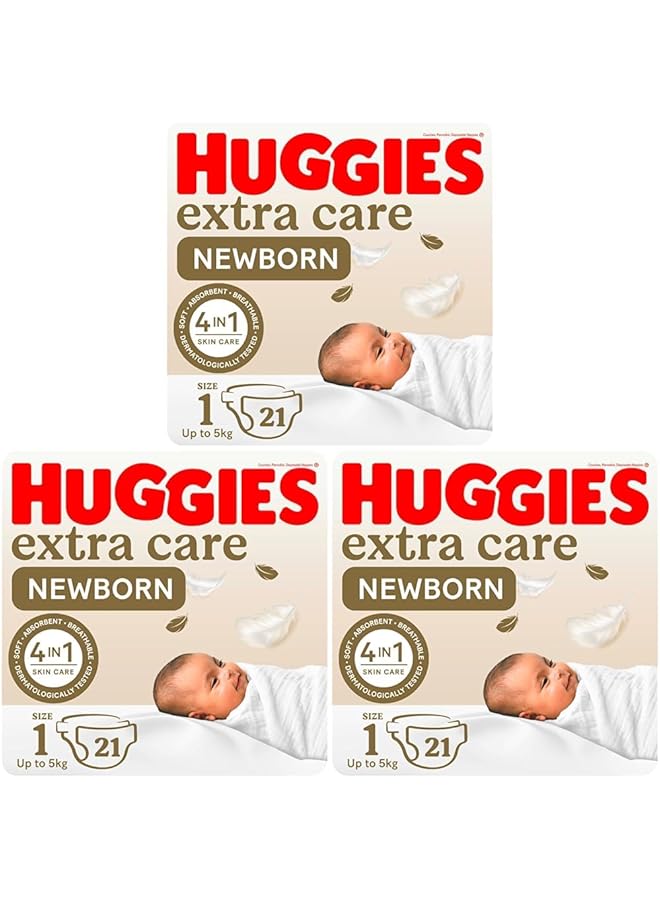 HUGGIES Extra Care Newborn Size 1 Up To 5 Kg Carry Pack 21 Diapers (Pack Of 3) - Image 1