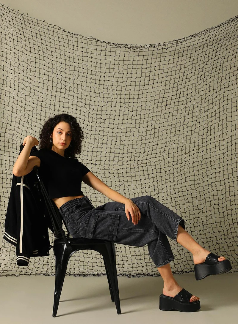 Women's Black 100% Cotton Distressed Full Length Cargo Tapered Fit Jeans