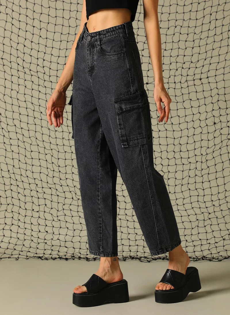 هوبرهولمي جينز نسائي أسود قطن 1% بقصة مدببة وطول كامل بتصميم ممزق