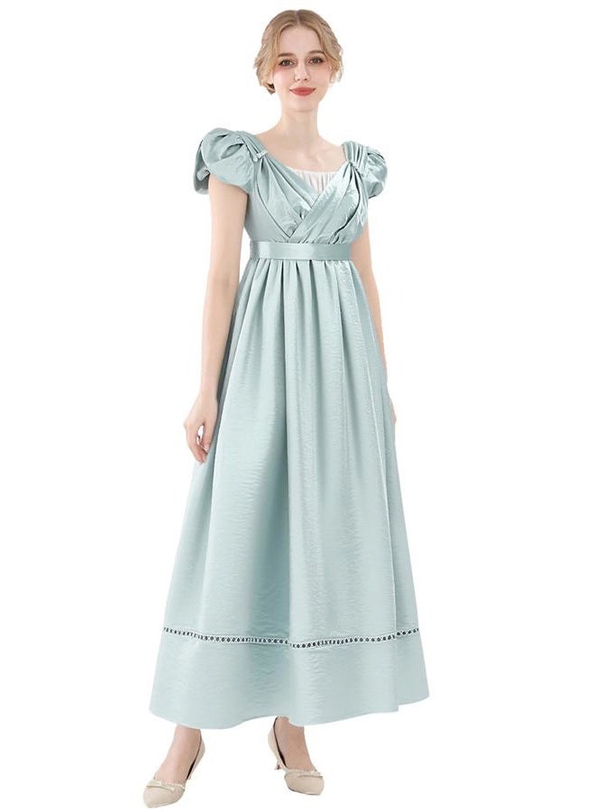 FCCAM FCCAM FCCAM Regency Dresses for Women Empire Waist Victorian Dress Short Sleeve Regency Ball Gown with Lace Gloves, Blue, XXL - Image 1