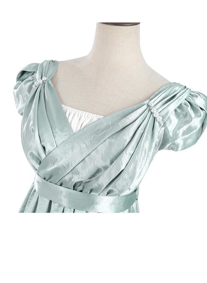 FCCAM FCCAM FCCAM Regency Dresses for Women Empire Waist Victorian Dress Short Sleeve Regency Ball Gown with Lace Gloves, Blue, XXL - Image 5