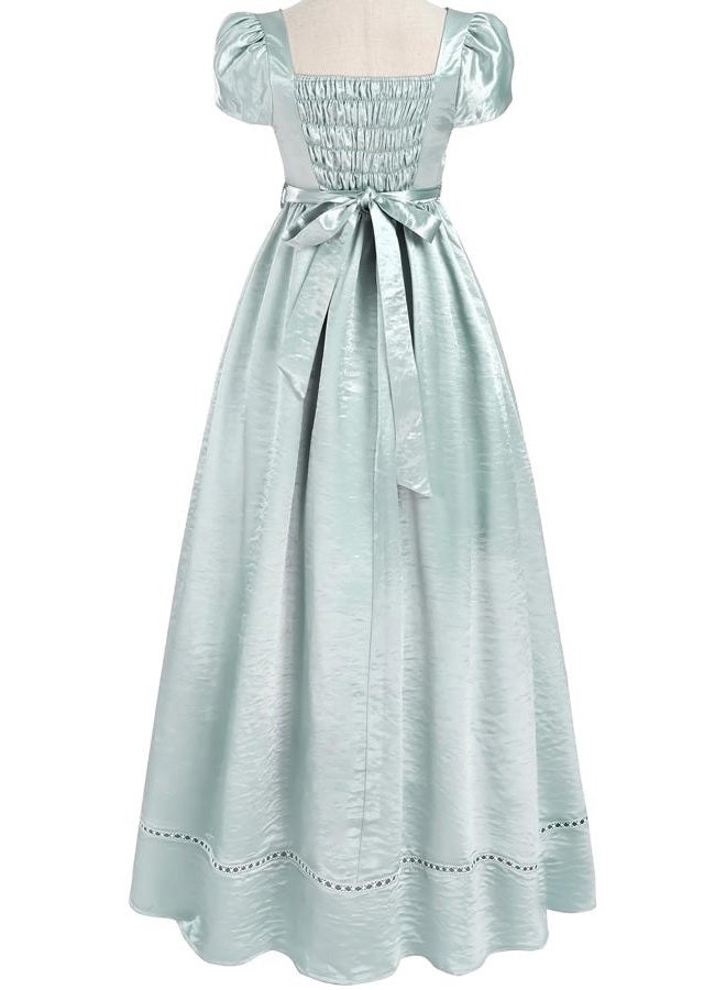 FCCAM FCCAM FCCAM Regency Dresses for Women Empire Waist Victorian Dress Short Sleeve Regency Ball Gown with Lace Gloves, Blue, XXL - Image 2