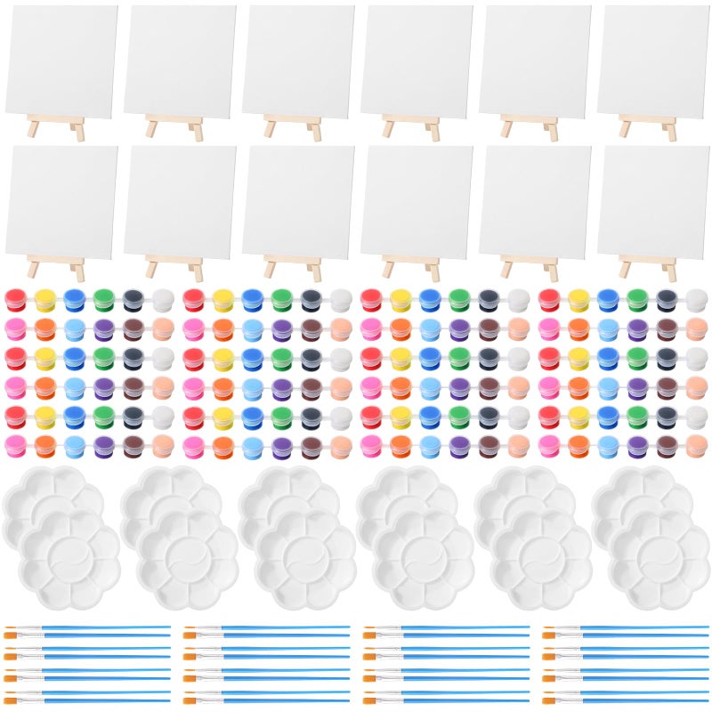 Qilery 12 Set Acrylic Paint Kit Mini Stretched Canvas with Easel Acrylic Paints Strips Brushes Palette Art Set for Kids Adults Classroom Birthday Party Favors59 x 59 Inch