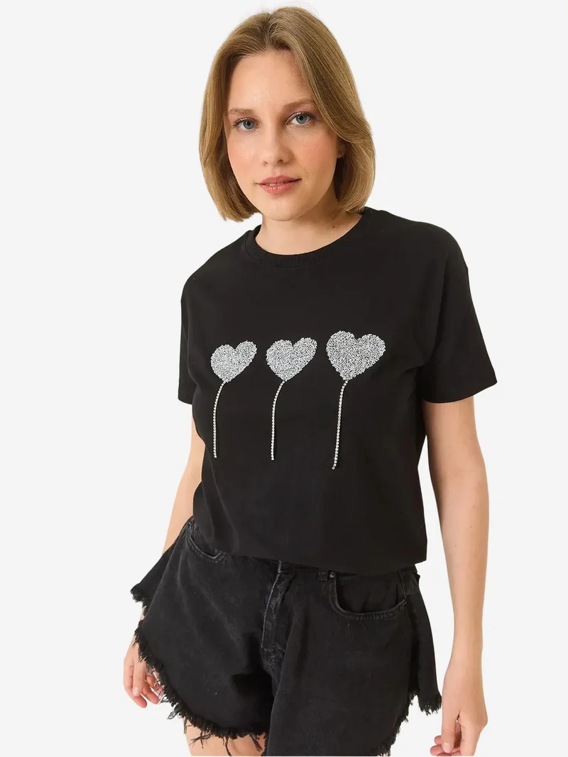 Bianco Lucci Black LUCCI Embroidered Crew Neck T-Shirt for Women | Best Price UAE