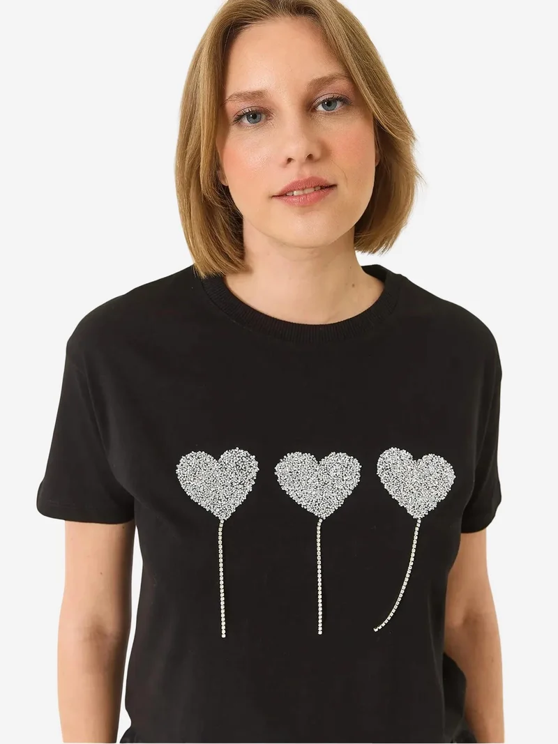 Bianco Lucci Black LUCCI Embroidered Crew Neck T-Shirt for Women | Best Price UAE