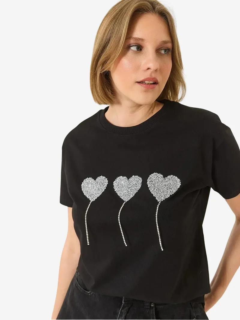 Bianco Lucci Black LUCCI Embroidered Crew Neck T-Shirt for Women | Best Price UAE