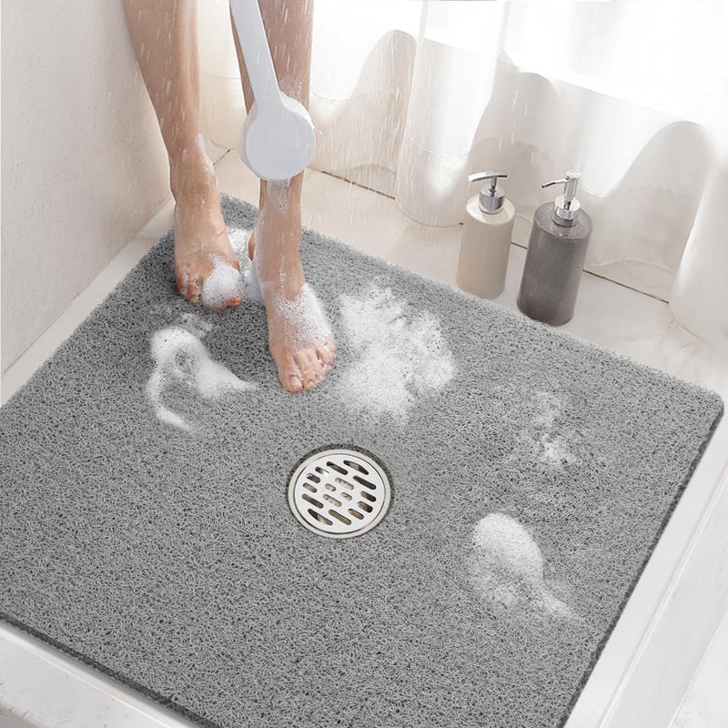 HITSLAM Square Shower Mat 24 x 24 Inch Non Slip Bath Mat for Tub Soft PVC Loofah Bathtub Mats with Drain Holes Quick Drying Bathroom Stall Floor Mat Bathroom Accessories Without Suction Cup Grey