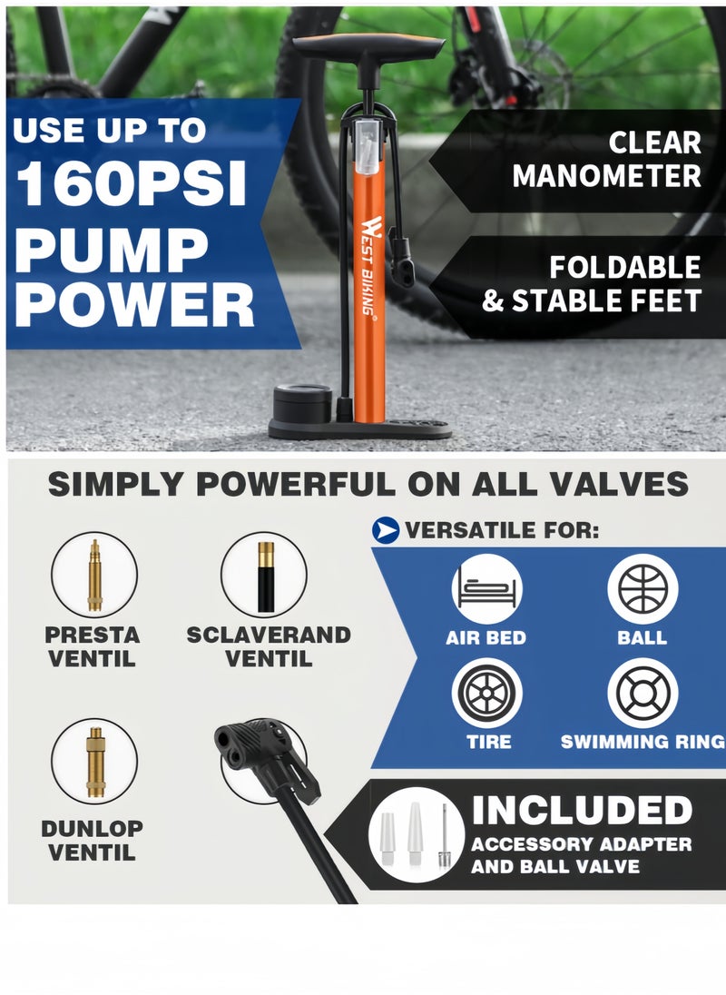WEST BIKING Bike Pump with Pressure Gauge - Bicycle Air Pump for All Valves - 11 Bar / 160 Psi Bike Floor Pump - Bike Tire Pump for e-Bikes, Mountain Bikes, Bicycle Pump for Presta Valve With Tire Pressure Gauge and Air Needle  - Image 4