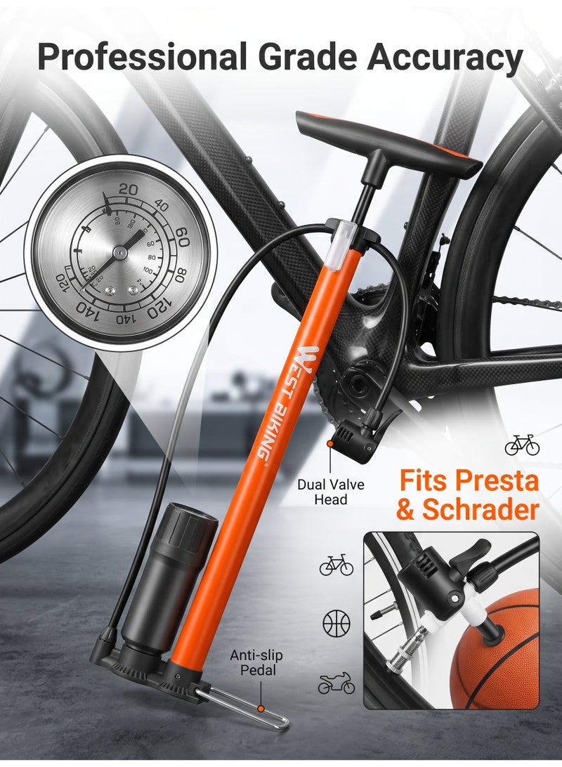 WEST BIKING مضخة دراجة مع مقياس ضغط - مضخة هواء للدراجات لجميع الصمامات - 11 بار / 160 Psi مضخة أرضية للدراجات - مضخة إطارات للدراجات الكهربائية، والدراجات الجبلية، ومضخة دراجة لصمام بريستا مع مقياس ضغط الإطارات وإبرة الهواء - Image 1