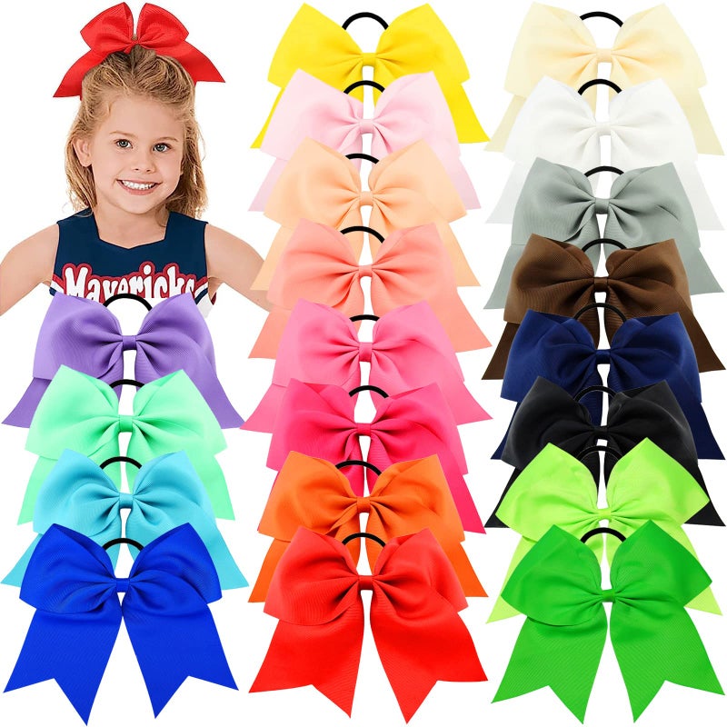 WillingTee 20Pcs 8 Large Cheer Bows for Girls Ponytail Holder Grosgrain Ribbon Cheerleading Bows Elastic Hair Tie Bands for Baby Girls School Colleage Teens Senior Cheerleader