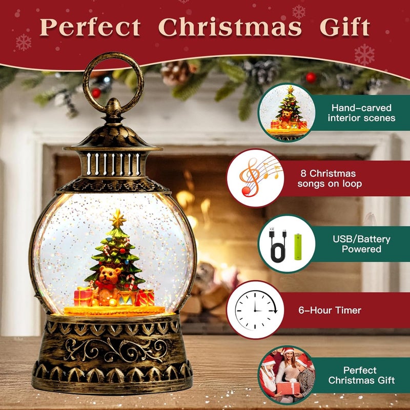Aixuler Christmas Snow Globe, Gift Bear Musical Snow Globe Lantern Lights with 6H Timer Battery & USB Powered, Retro Style Holiday Glitter Globe for Xmas Home Decoration Holiday Party Gifts - Image 2