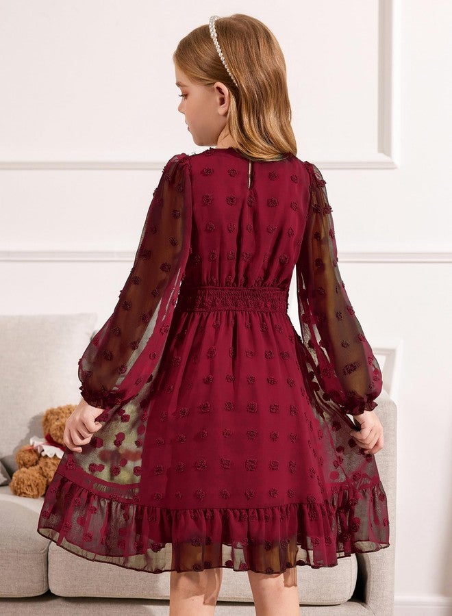 آرشنر فستان أرشينر للبنات بلون موحد بنمط بوهو، مزين بنقاط سويسرية، بأكمام طويلة وياقة مربعة، بقصة واسعة من الأسفل، مصنوع من قماش مطاطي، بقصة فضفاضة، لون أحمر خمري، مقاس 9-10 سنوات. - Image 3