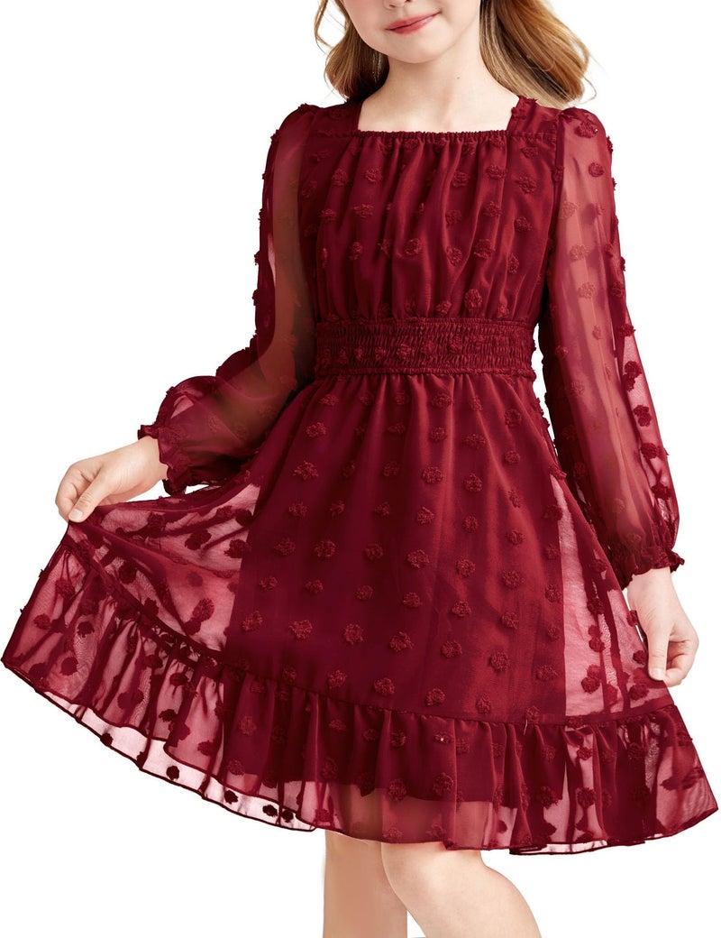 آرشنر فستان أرشينر للبنات بلون موحد بنمط بوهو، مزين بنقاط سويسرية، بأكمام طويلة وياقة مربعة، بقصة واسعة من الأسفل، مصنوع من قماش مطاطي، بقصة فضفاضة، لون أحمر خمري، مقاس 9-10 سنوات. - Image 1