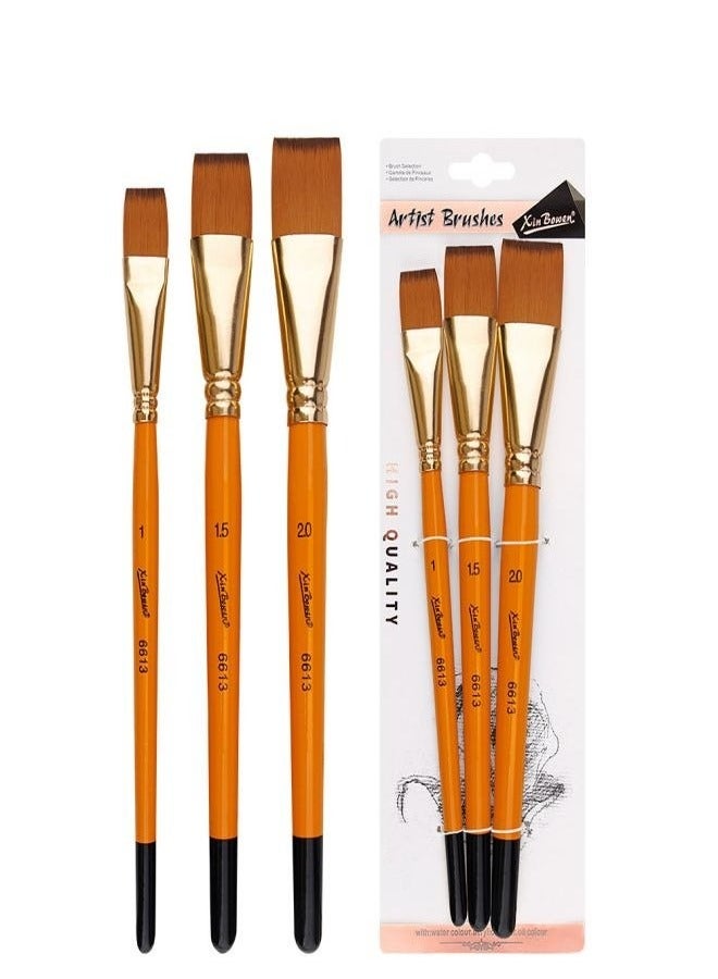 Xinbowen 3-Piece Short Handle Nylon Brush Set – Flat Brushes for Watercolor, Acrylic, and Oil Painting - Image 1