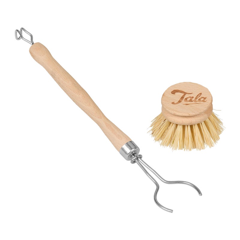 تالا Tala Wooden dish brush with Natural Fibres, Long reach washing up brush ideal for Cleaning Kitchen Goods like glasses, plates, pots and pans, Has a replacable brush heads - Image 3