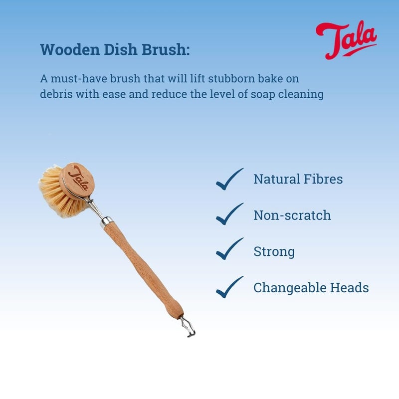 تالا Tala Wooden dish brush with Natural Fibres, Long reach washing up brush ideal for Cleaning Kitchen Goods like glasses, plates, pots and pans, Has a replacable brush heads - Image 2