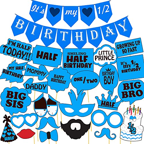 Party Propz Half Birthday Decoration For Baby Boy - 32Pcs Items Set (Banner, Photo Booth) - Blue & Pink Half Birthday Theme - Image 1