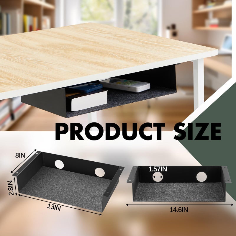 Yaocom 2 Pack Under Desk Hanging Shelf, Carbon Steel Storage Tray with Mute Felt Sheets, Mount Shelves Organizer for Office Home Workstation Gaming Desk Stand up(13x8x2.8 in/Storage Shelf,Black) - Image 2