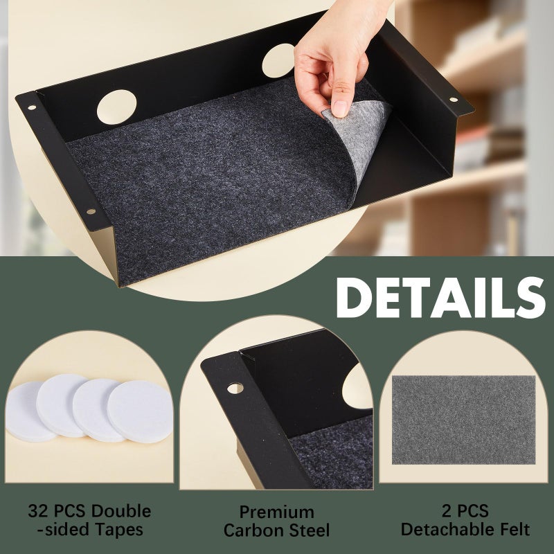 Yaocom 2 Pack Under Desk Hanging Shelf, Carbon Steel Storage Tray with Mute Felt Sheets, Mount Shelves Organizer for Office Home Workstation Gaming Desk Stand up(13x8x2.8 in/Storage Shelf,Black) - Image 3