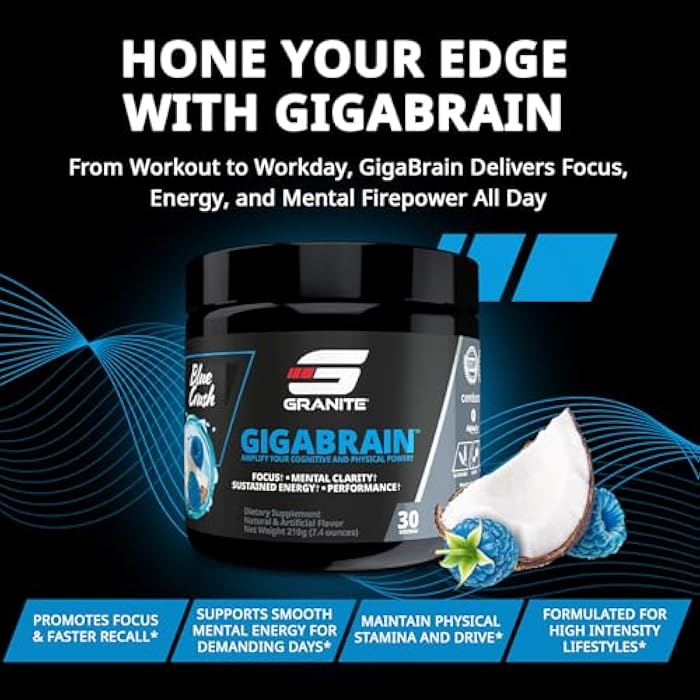 Granite Supplements Granite Nutrition GigaBrain Nootropic Energy Powder – Cereboost, Alpha-GPC & ElevATP – Cognitive Focus Supplement for Sustained Energy & Performance – Blue Crush, 30 Servings - Image 5