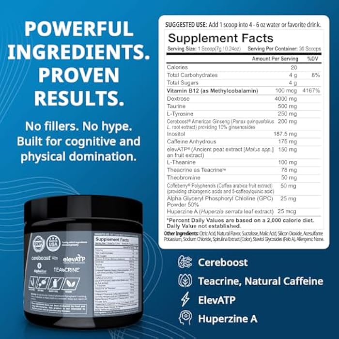 Granite Supplements Granite Nutrition GigaBrain Nootropic Energy Powder – Cereboost, Alpha-GPC & ElevATP – Cognitive Focus Supplement for Sustained Energy & Performance – Blue Crush, 30 Servings - Image 3