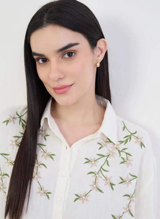 Styli Embroidered Cotton Oversized Shirt