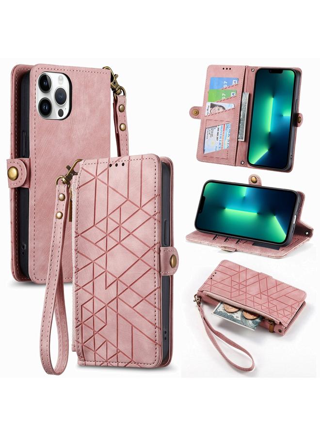 زبون جراب لهاتف iPhone 13 Pro Max، جراب هاتف جلدي بسحاب هندسي ومشبك جانبي - Image 1