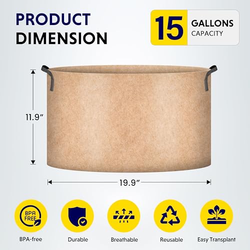iPower 15 Gallon 5 Pack Grow Bags Nonwoven Fabric Pots Aeration Container with Strap Handles for Garden and Planting, 5-Pack Tan, 15 Gallon - Image 2