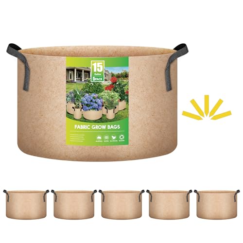 iPower 15 Gallon 5 Pack Grow Bags Nonwoven Fabric Pots Aeration Container with Strap Handles for Garden and Planting, 5-Pack Tan, 15 Gallon - Image 1