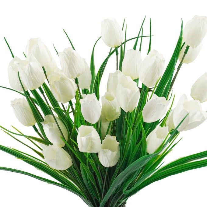 6 Bundles Tulips Artificial Flowers30 Heads Outdoor Artificial Tulip Faux Plastic Greenery Shrubs Plants UV Resistant for Easter Home Outside Garden Porch Window Decor White