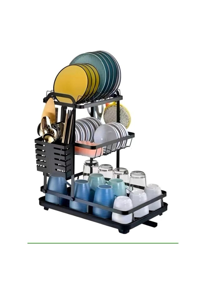 Toshionics 3 Tier Foldable Dish Drying Rack with Utensil Holder & Drainboard Tray, Rotatable Drainage System Scratch Resistant Frosted Baking Process Coatings, Large Black T114614 - Image 3