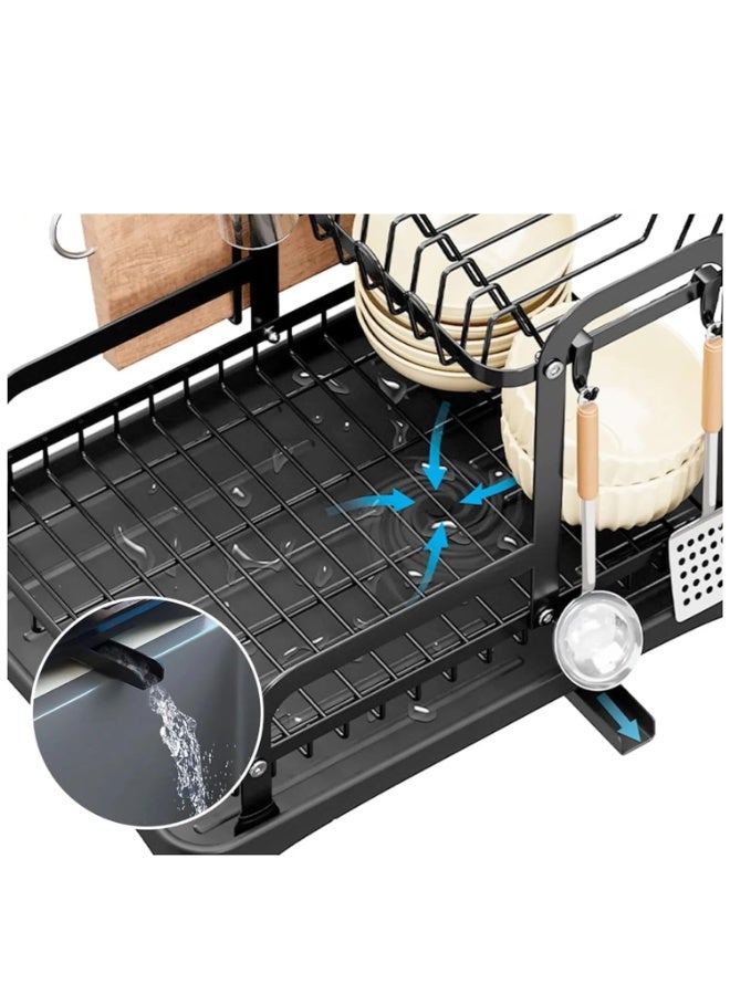 Toshionics 3 Tier Foldable Dish Drying Rack with Utensil Holder & Drainboard Tray, Rotatable Drainage System Scratch Resistant Frosted Baking Process Coatings, Large Black T114614 - Image 2