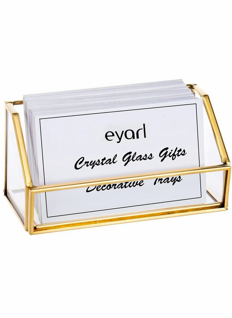 Excefore Glass Business Card Holder, Stand Gold Office Name Card Display Business Card Organizer Storage, Gold Metal Business Card Container Box for Office Desktop Countertop, Fits 80-100 Business Cards (Gold)  - Image 1