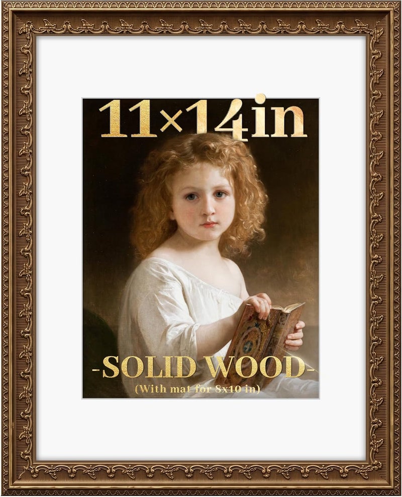 PEALSN 11x14 Picture Frame, Solid Wood Picture Frame with Real Glass, Fits 8x10 Photo with Mat or 11x14 Without Mat, Vintage Gold Frame for Wall & Tabletop Display, Home & Gallery Decor - Image 1
