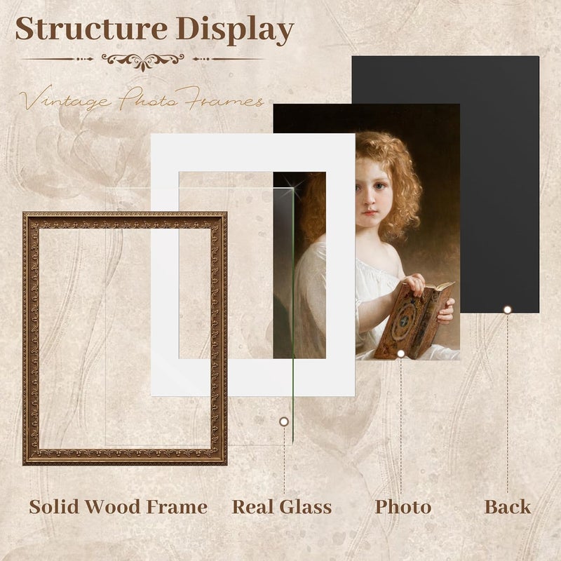 PEALSN 11x14 Picture Frame, Solid Wood Picture Frame with Real Glass, Fits 8x10 Photo with Mat or 11x14 Without Mat, Vintage Gold Frame for Wall & Tabletop Display, Home & Gallery Decor - Image 4