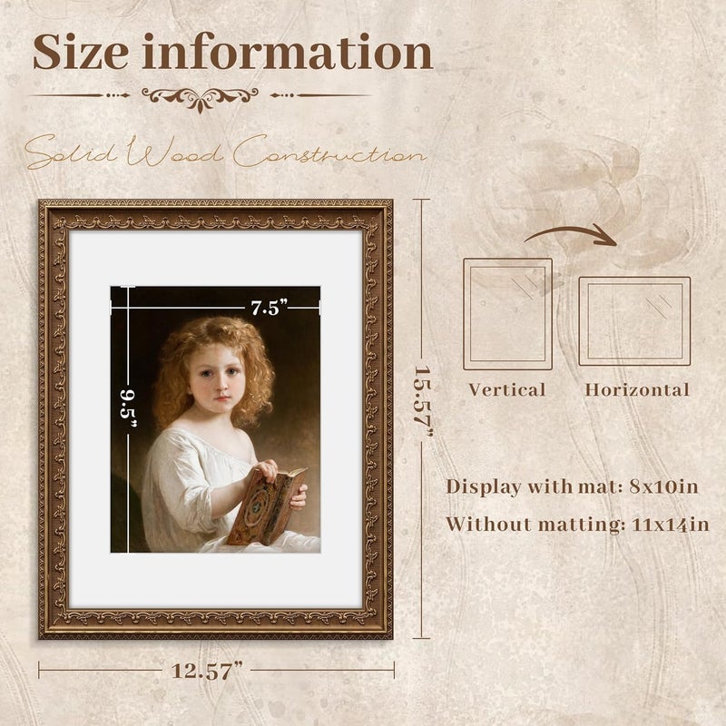 PEALSN 11x14 Picture Frame, Solid Wood Picture Frame with Real Glass, Fits 8x10 Photo with Mat or 11x14 Without Mat, Vintage Gold Frame for Wall & Tabletop Display, Home & Gallery Decor - Image 2
